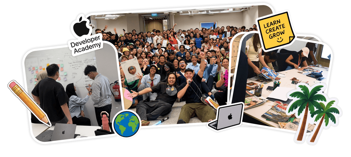 Photo collage from the Apple Developer Academy in Bali: a whiteboard planning session, the full cohort together, and a workshop table covered in craft materials, with playful stickers of the Developer Academy logo, a globe, and 'Learn Create Grow' note.